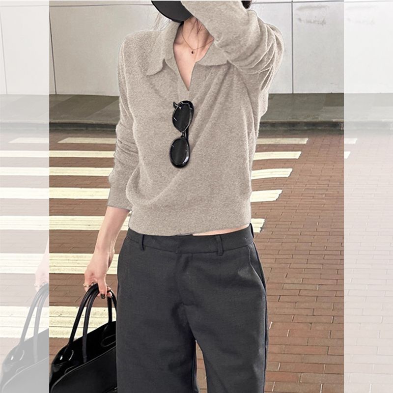 Gris foncé Préppy style tricoté manches longues haut bas