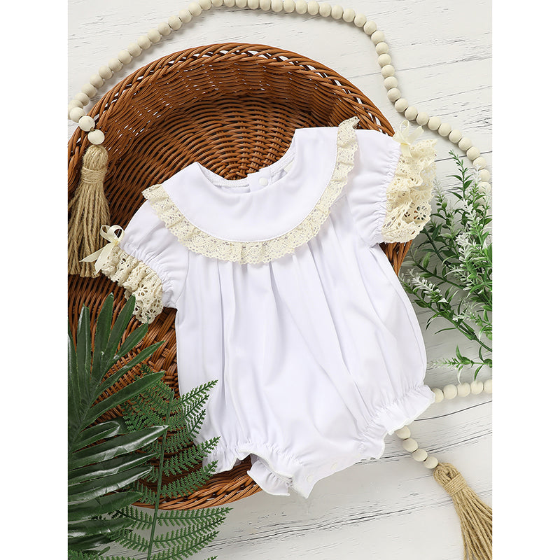 Bébé fille blanc Dentelle Romper doux et élégant manches courtes Bubble combinaison de saut pour la saison de mariage