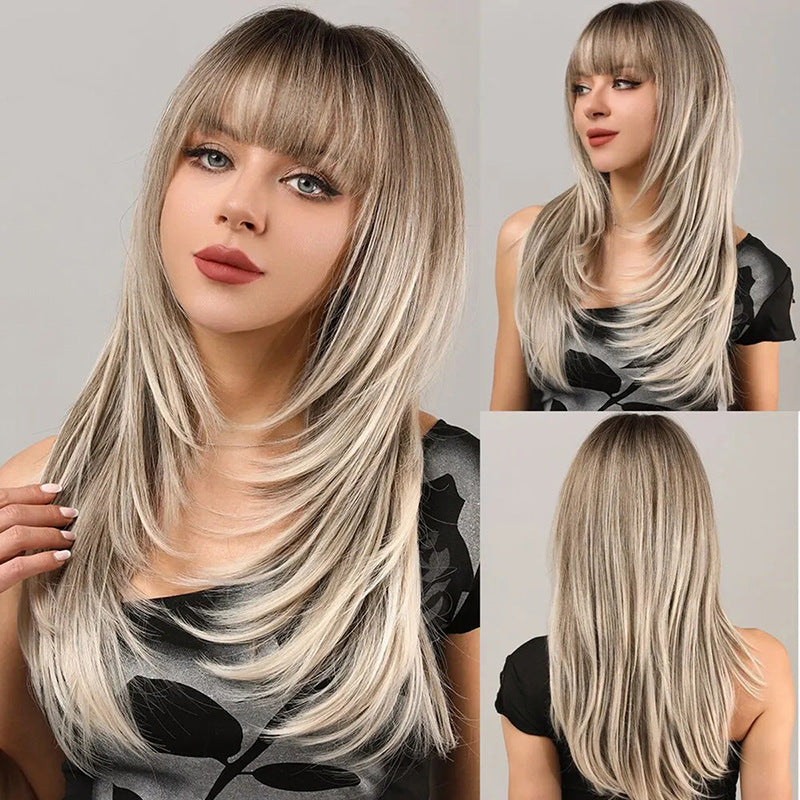 Femmes Figure-8 Bangs Noir à gris Ombre longue droite cheveux synthétiques