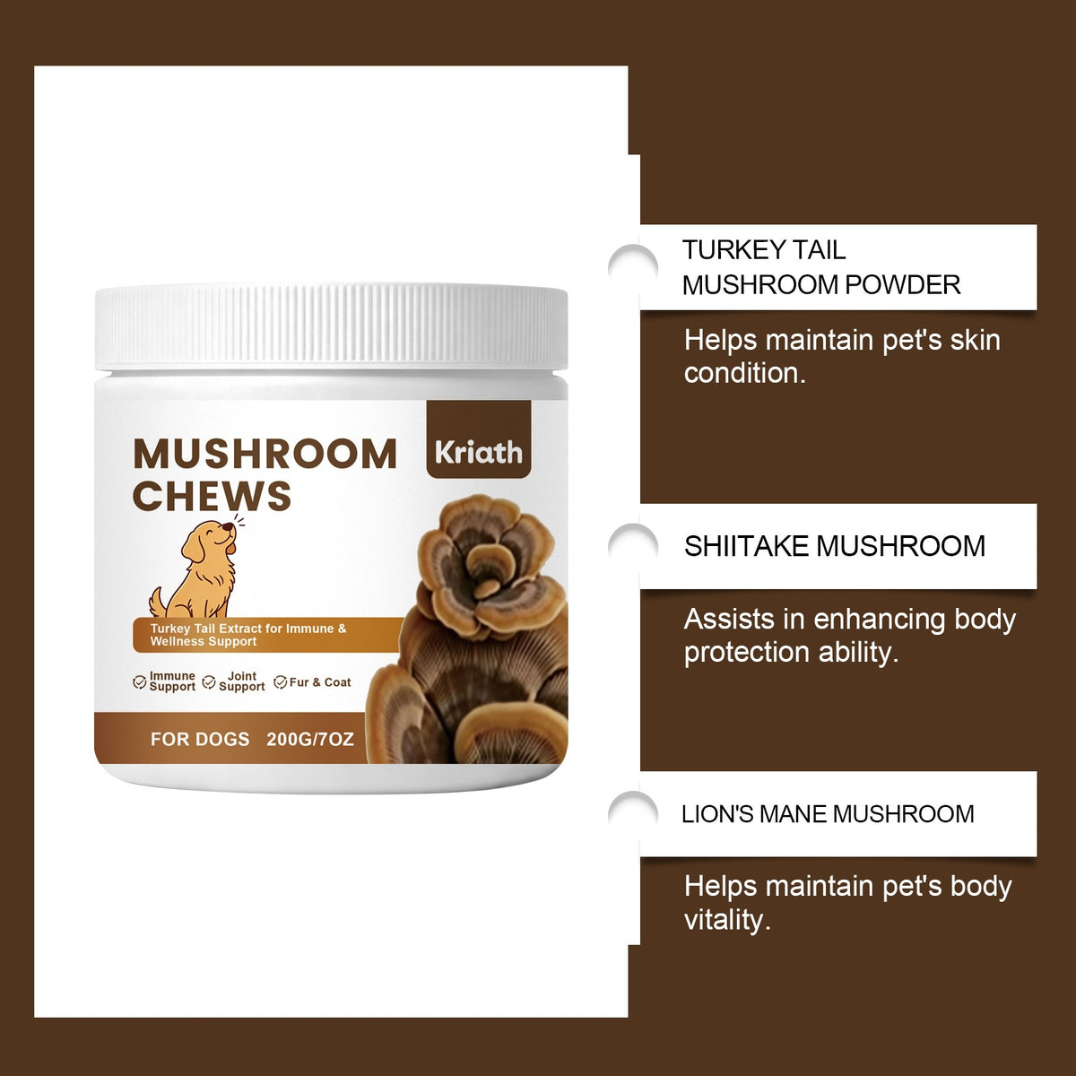 Kriath Mushroom Comprimés à croquer pour chiens - Formule légère pour les soins quotidiens et le Ba nutritionnel