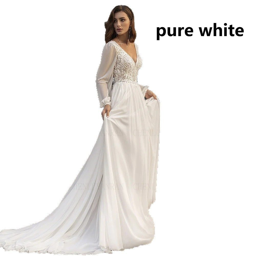 Robe de mariée de style français en V manches longues en dentelle