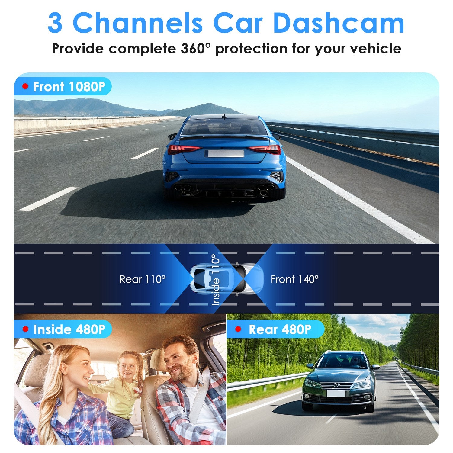WiFi FHD 1080P 3 canaux voiture Dash Cam arrière à l'intérieur avec détection de mouvement de carte MMC 32G