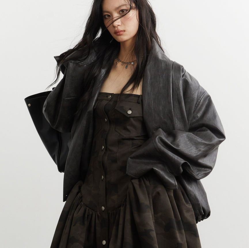 Genre neutre Silhouette plissée Ebony-brun Faux cuir PU Veste
