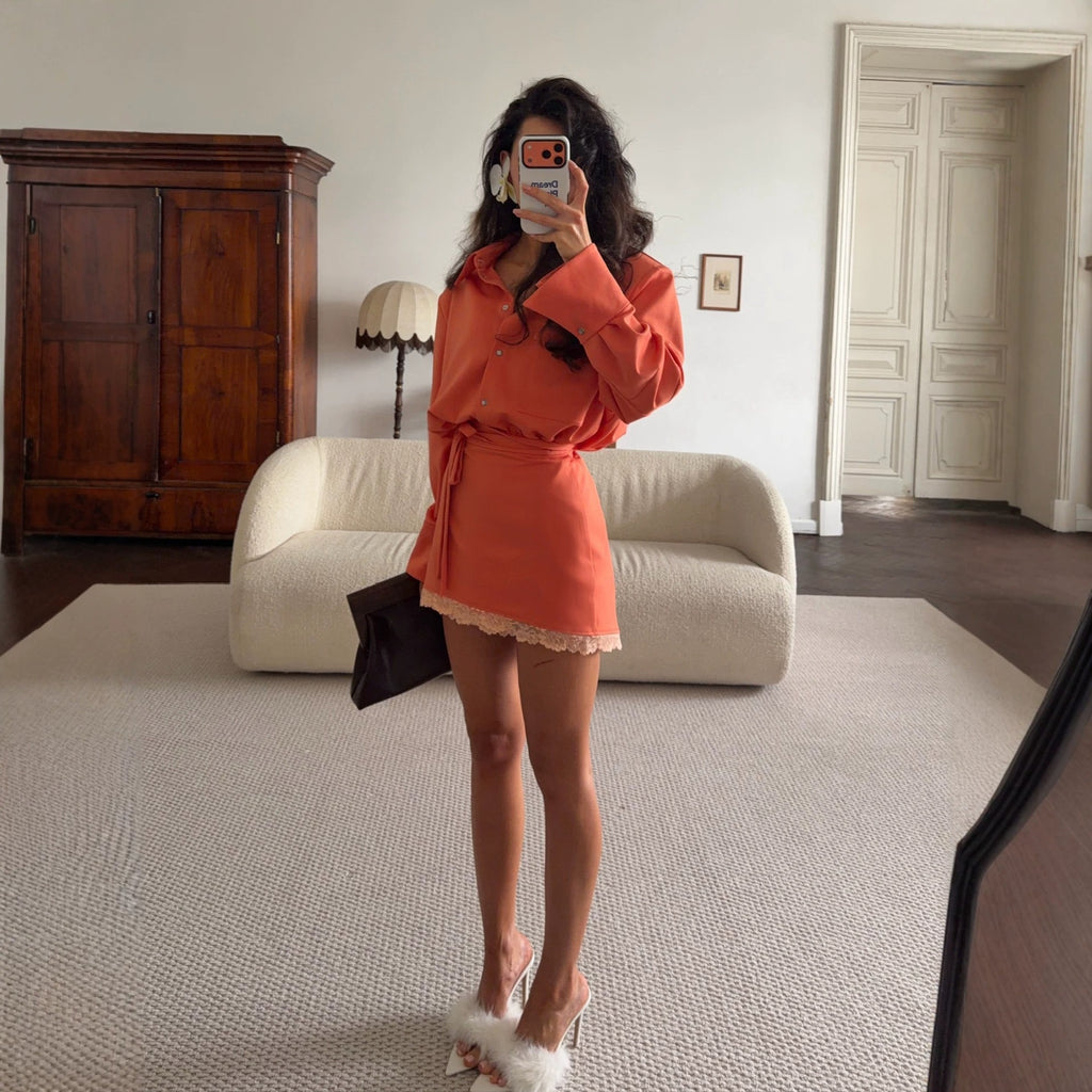 Chemise à manches longues et ensemble de jupes Midi en dentelle