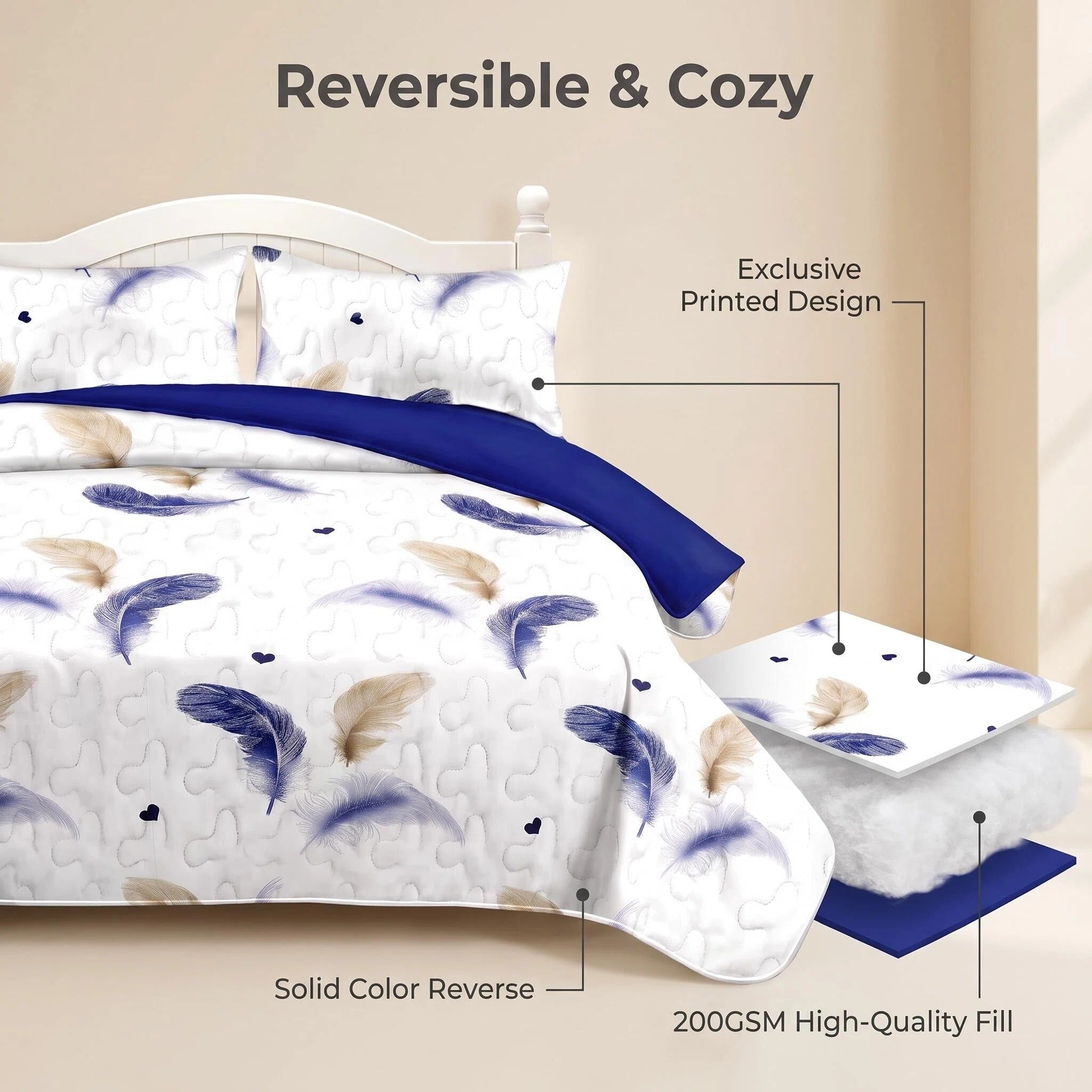 3 pièces blanc or et bleu plume lit couvre-couche pour roi et roi de Californie