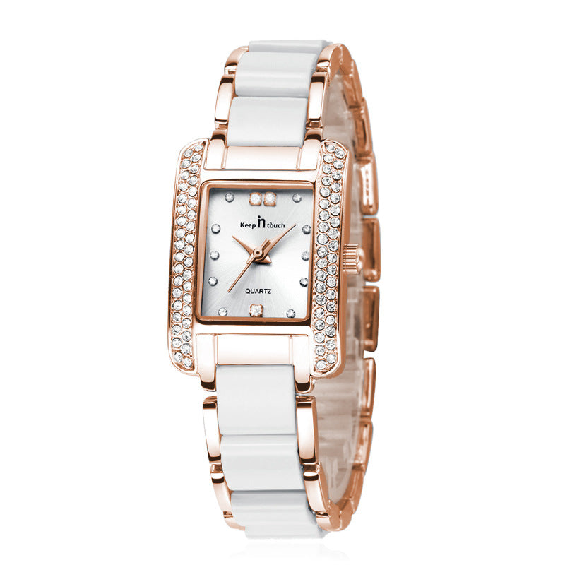Femmes High End Quartz Square Montre avec look céramique et diamants Accents