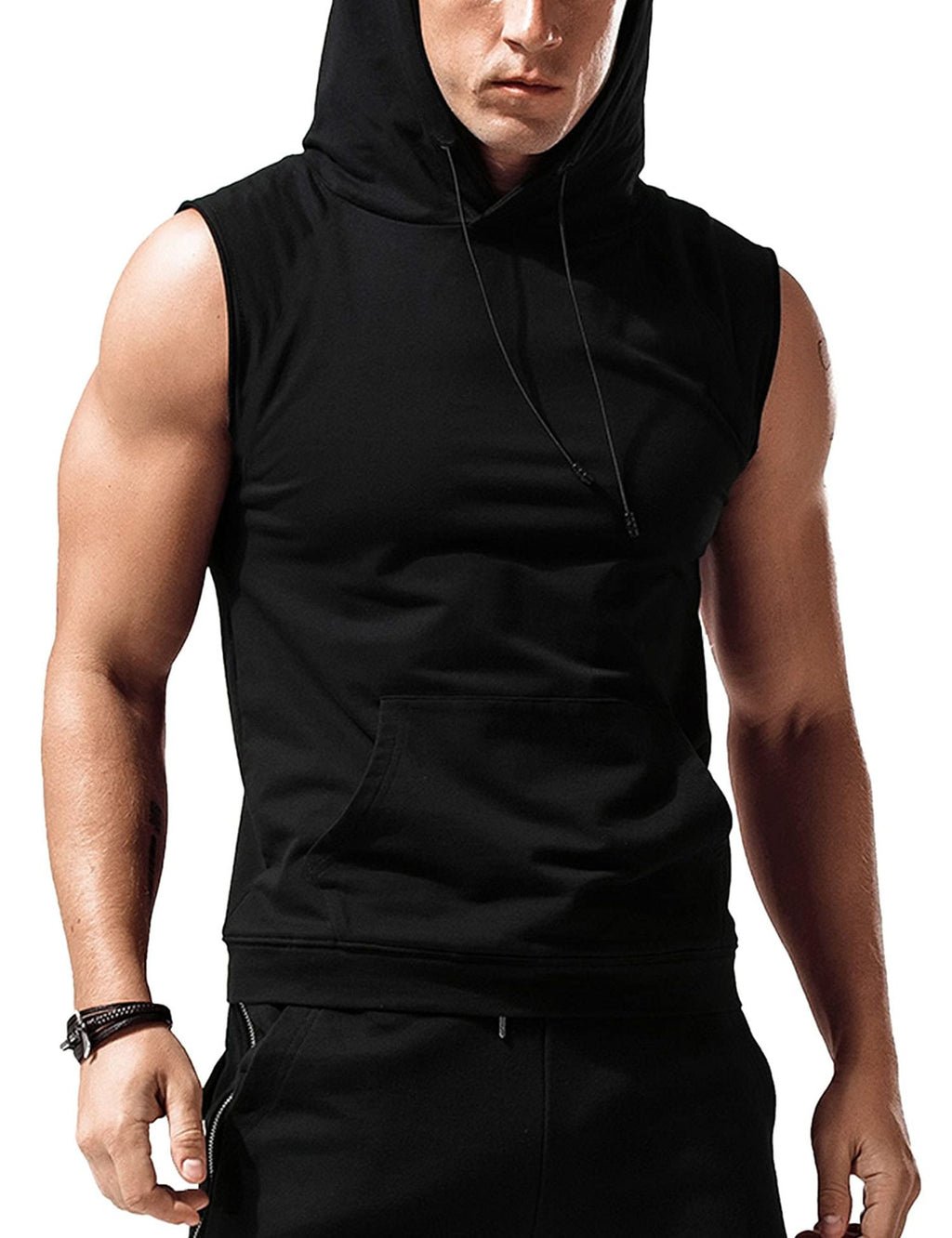 Tank pour hommes haut à capuche sans manches Loose Solid Color Pocket Fitness entraînement musculaire