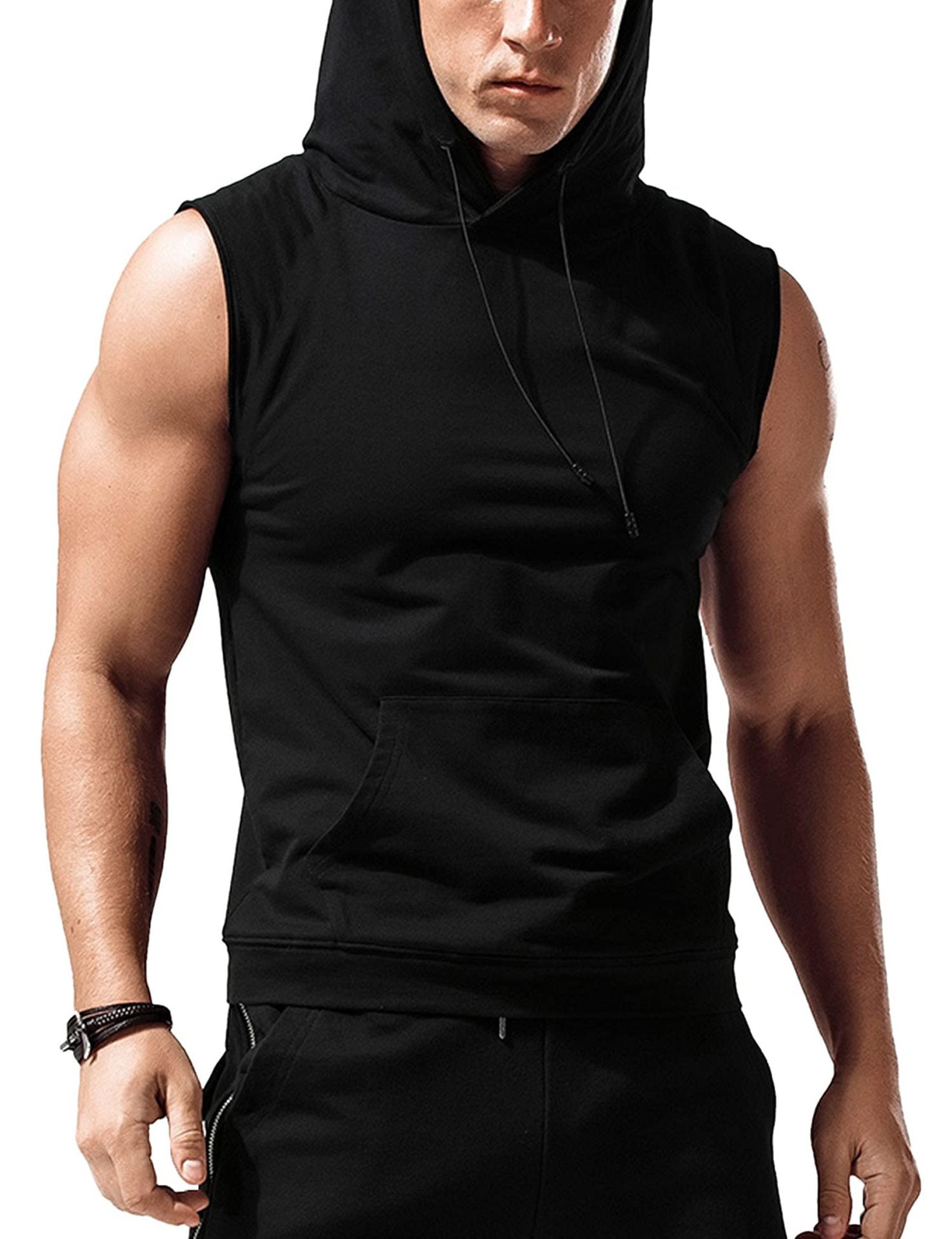 Tank pour hommes haut à capuche sans manches Loose Solid Color Pocket Fitness entraînement musculaire