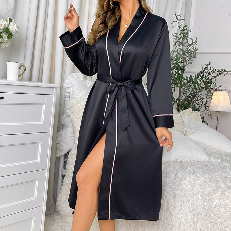 Long Ice-silk Nightgown Thin Loungewear Femmes Cardigan Peignoir