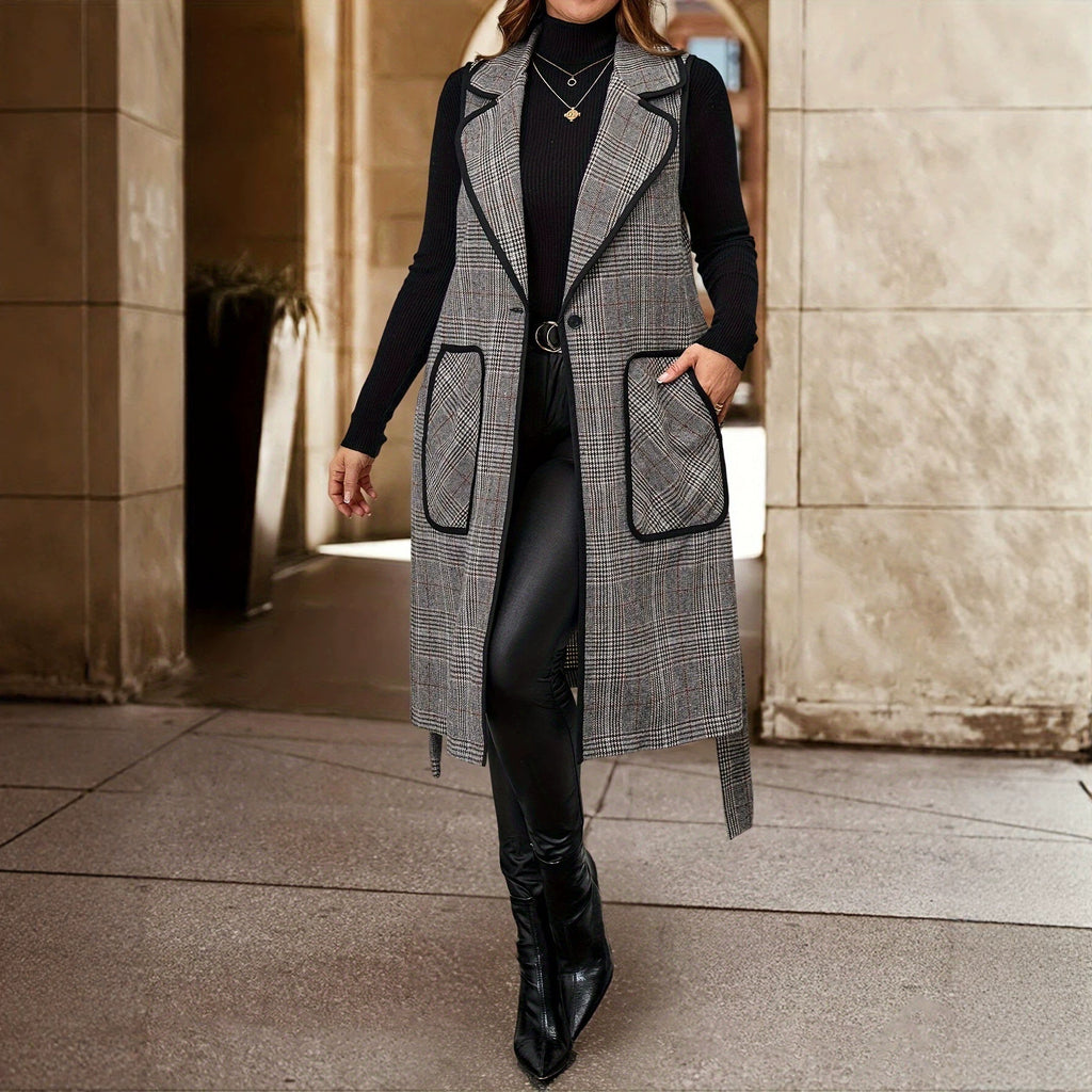 Femmes Élégante Long Houndstooth Veste