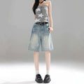 Retro Ink-Splatter Blue Wide-Leg Denim Capri Pantalons Femmes Été Leg Cropped Trou