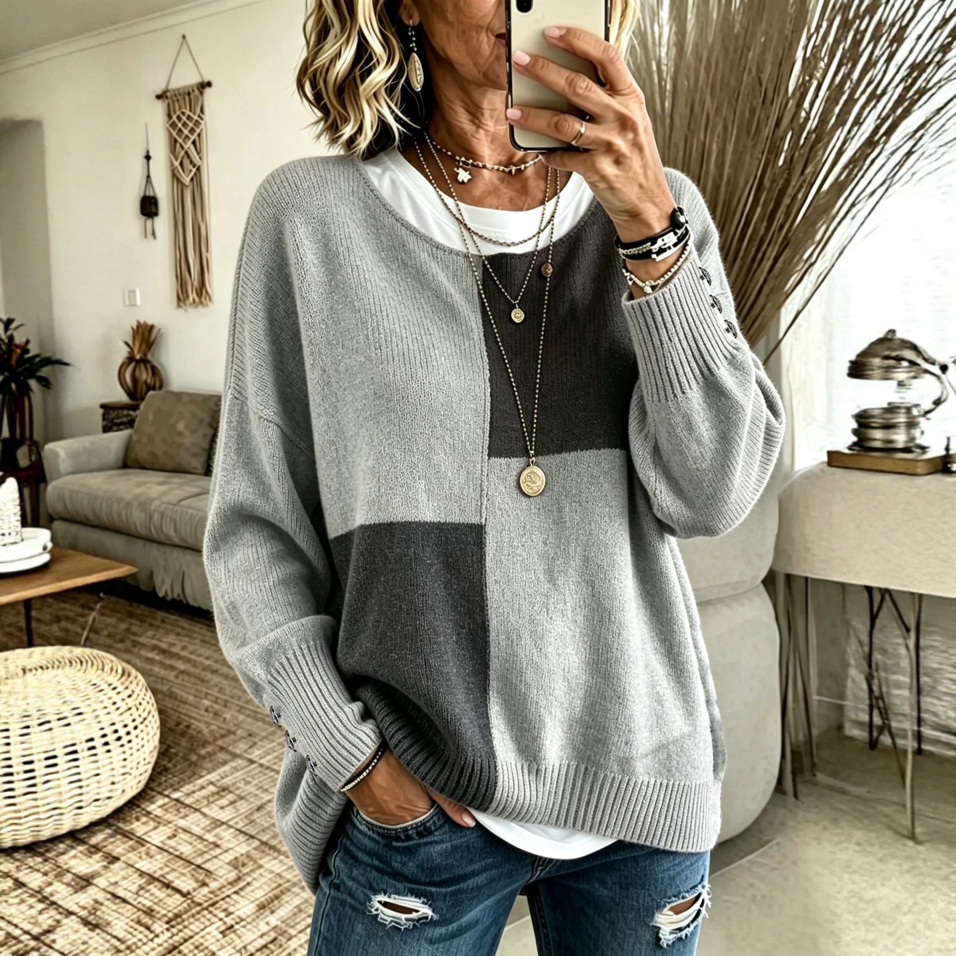 Col rond à la mode Casual Color-block Sweaterknitted pour la couche