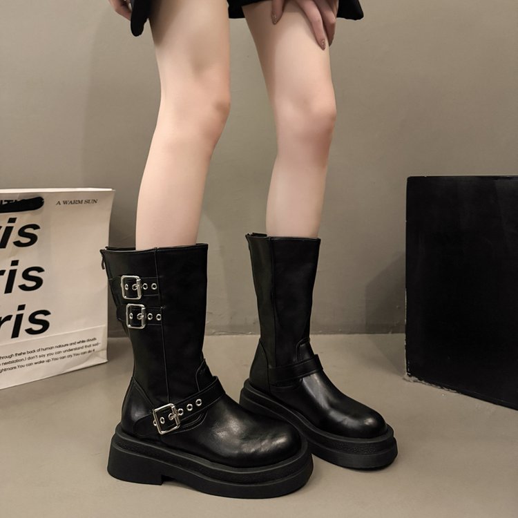 Femmes Mode Bottes souple en cuir ceinture boucle talon plat Western Cowboy Bottes été rétro R