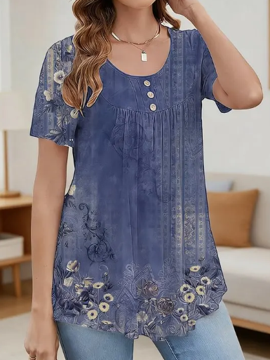Haut à manches courtes imprimé floral bleu vintage