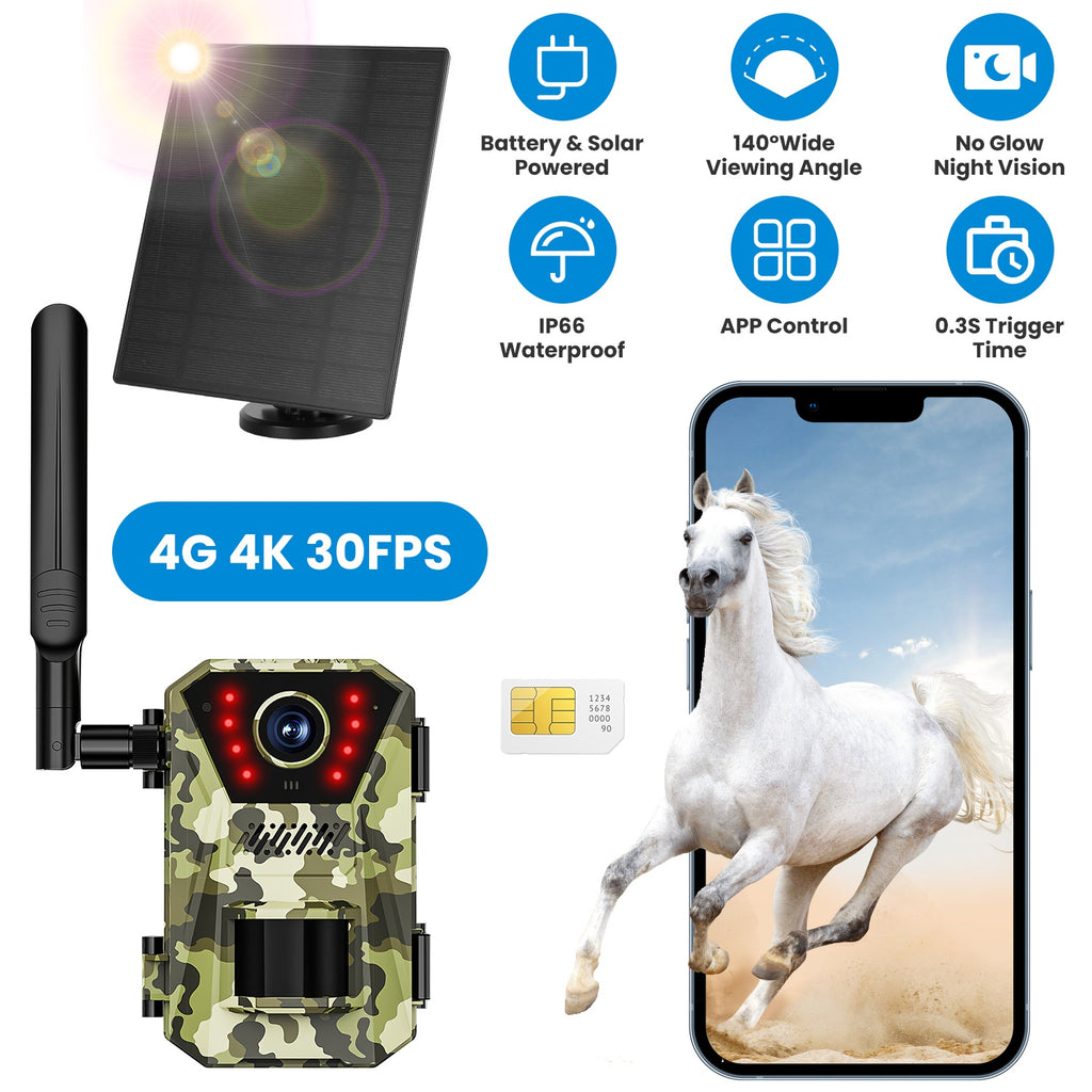 1Pc 4G 4K 30FPS Solar Trail Camera Outdoor Wildlife Camera Motion activé IP66 Waterproo
