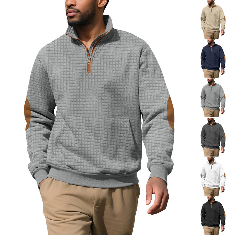Amazon Homme Automne & Hiver Demi-Zip Suede Jacquard Petit chèque Long-Sleeve Stand Collar