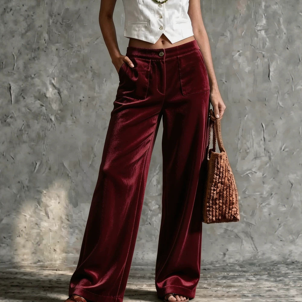 Pantalon casual avec poches pour femmes Velvet lisse de couleur unie