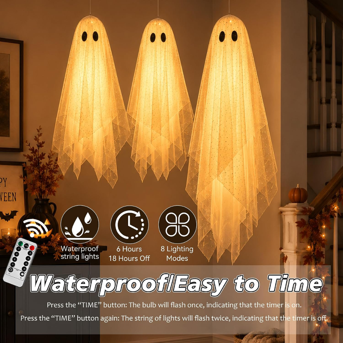 3 Pcs Halloween Decorations Outdoor Indoor Hanging Ghost Decor with Light