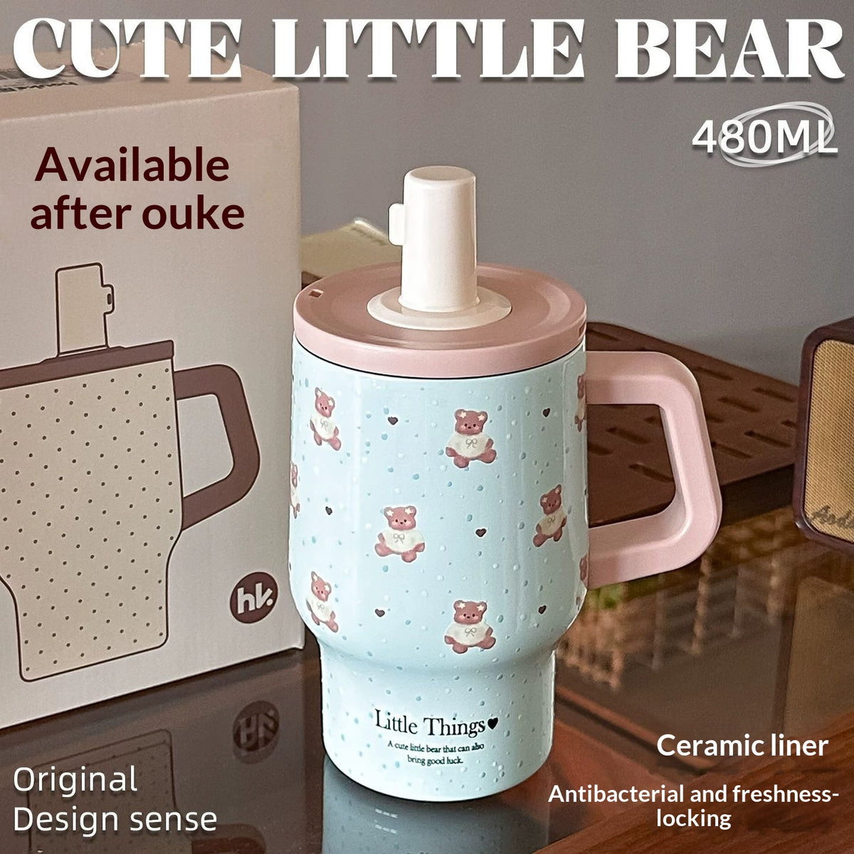 Cute Bear Design Ceramic Liner Grande Capacité Portable en acier inoxydable Insulated Bouteille Wi