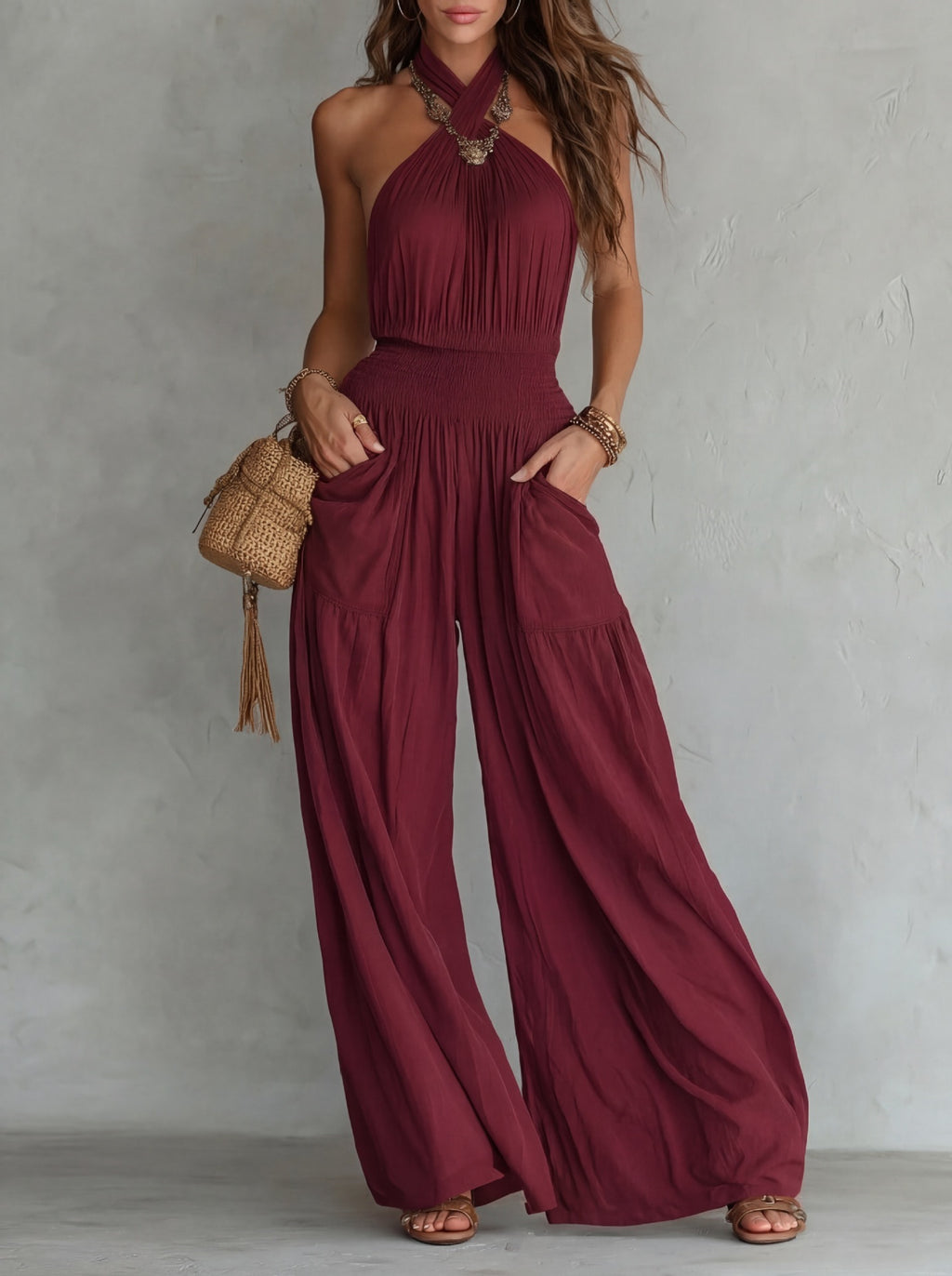 Cross border Women Vêtements Export Bohemian Style Backless Sleeveless Large Leg Jumpsuit Wi