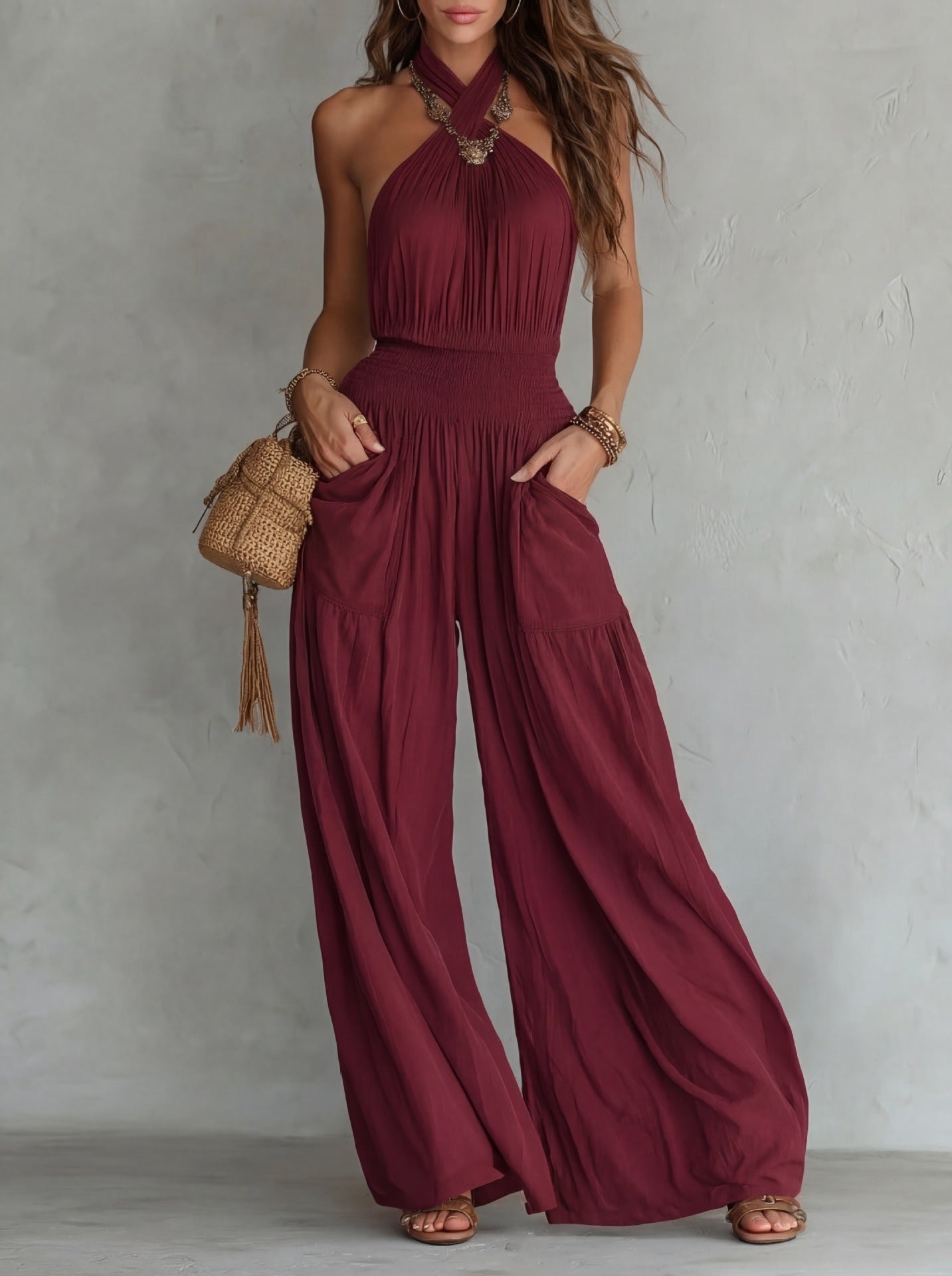 Cross border Women Vêtements Export Bohemian Style Backless Sleeveless Large Leg Jumpsuit Wi