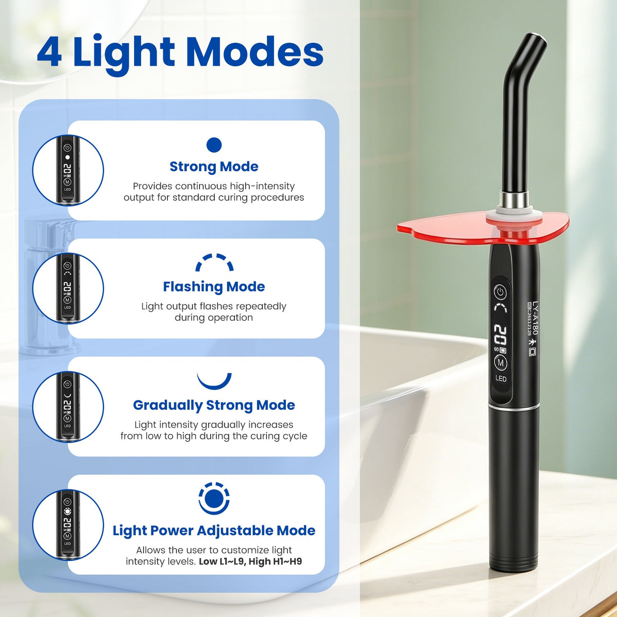 Lampe de protection dentaire avec lampe de protection LED sans fil de base avec 4 modes de luminosité de 18 niveaux 5-40