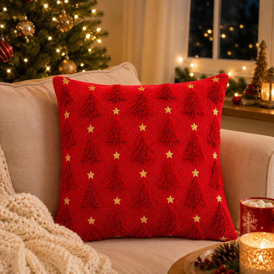 Décorations de Noël - Couvertures d'oreiller rouge arbre de Noël 18x18 pouces