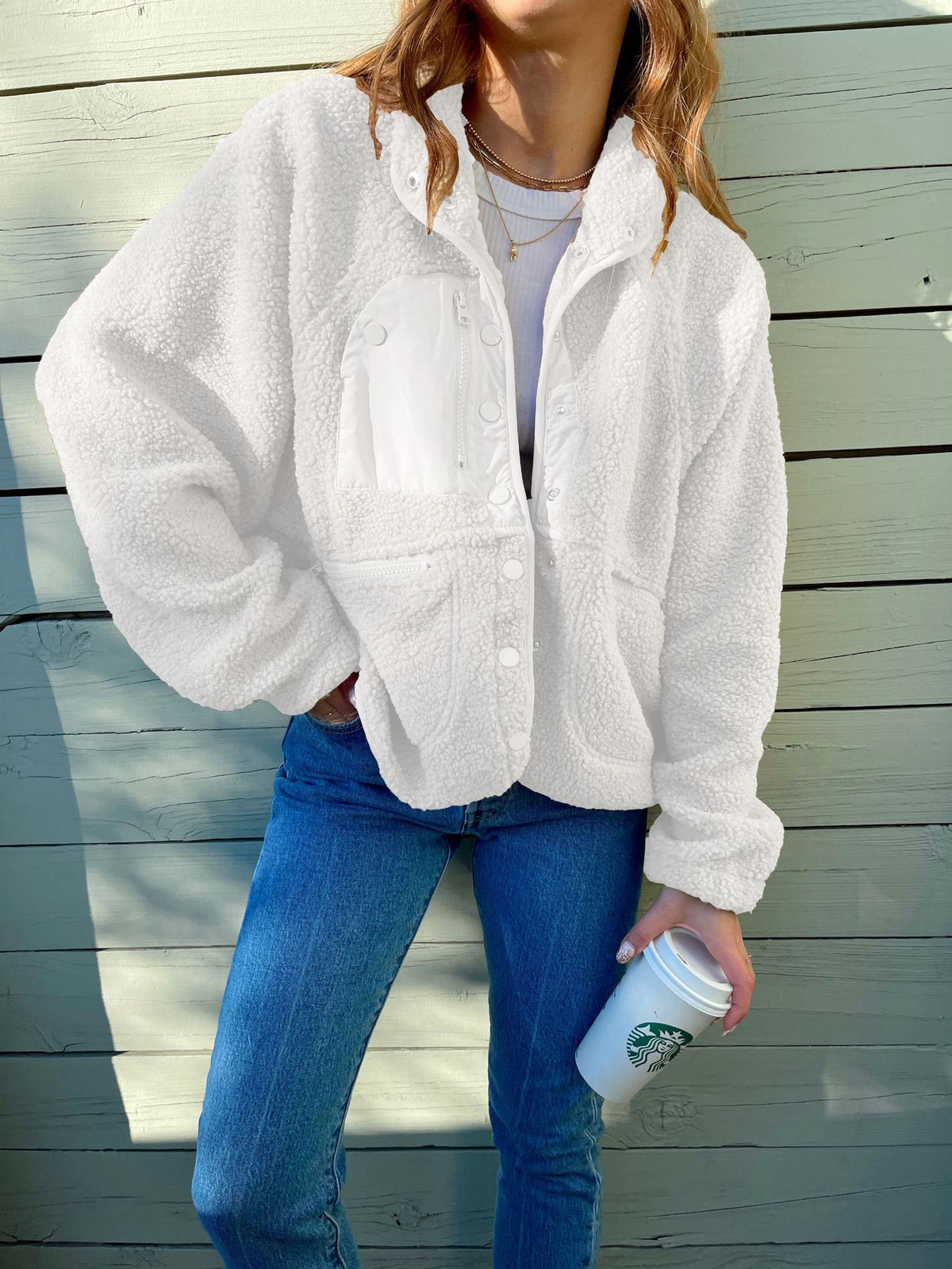 Veste en peluche cardigan courte Laine d'agneau