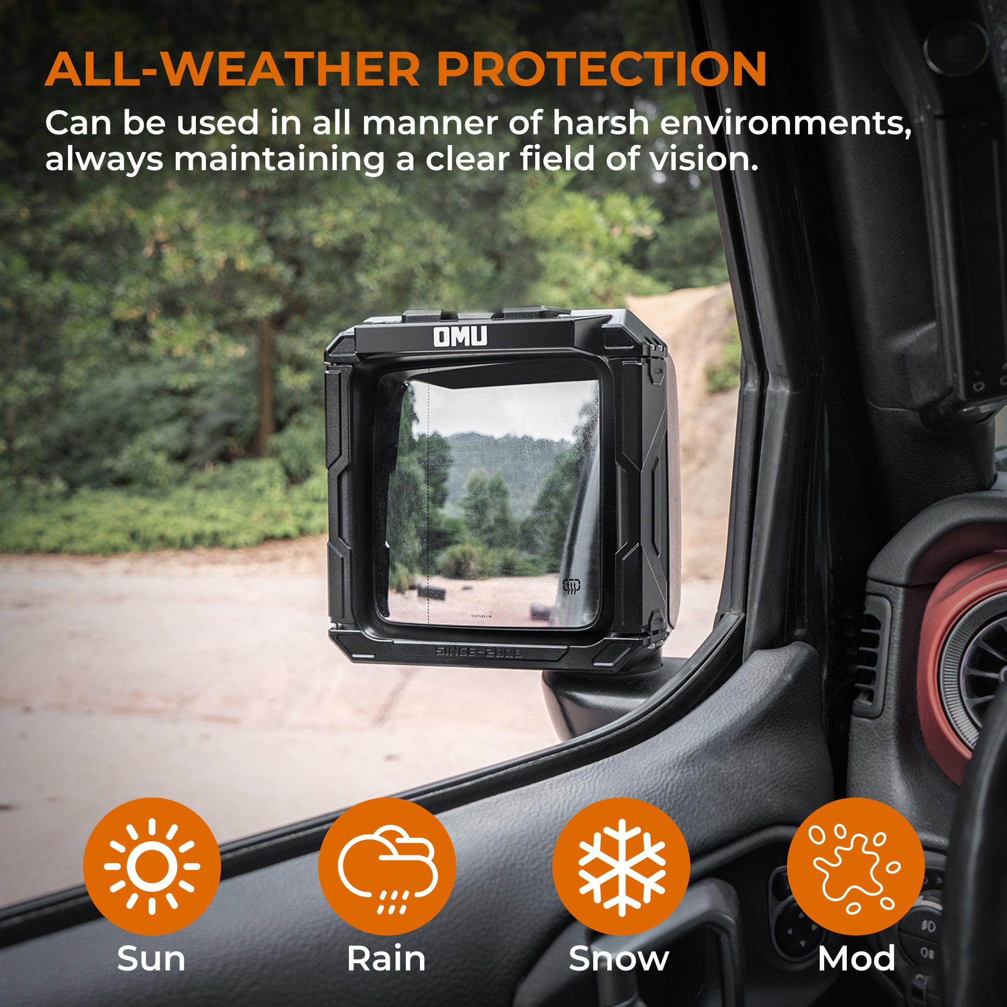 OMU Genesis Series Aluminium Rearview Mirror Rain Shield Cadre pour 2018+ Jeep Wrangler JL &