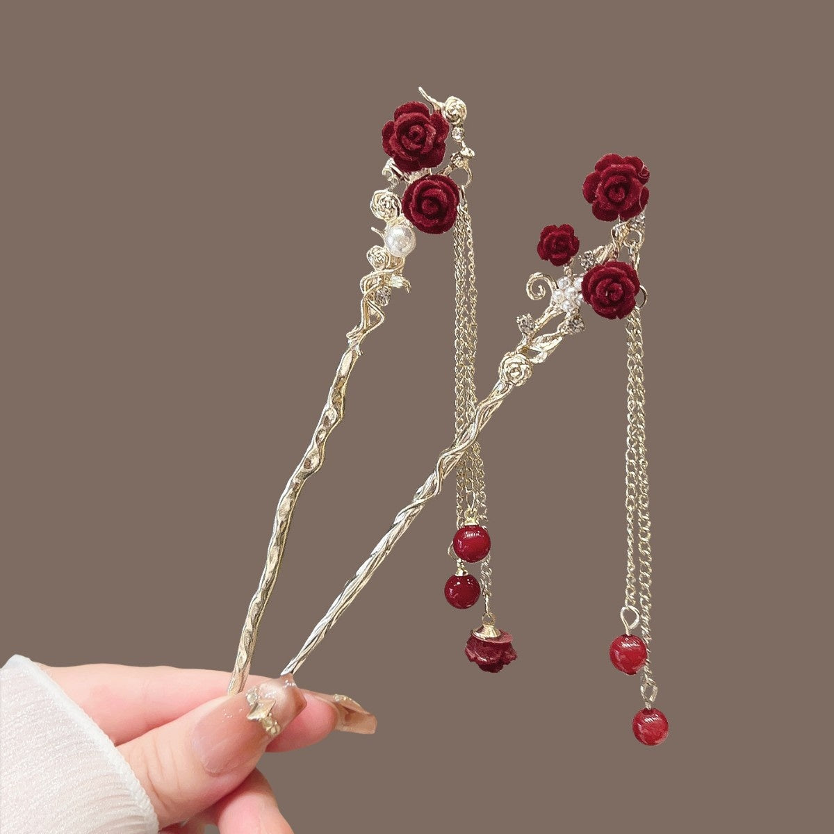AutumnWinter Flocked Red Flower Hair Stick for Women Ma Mian Style
