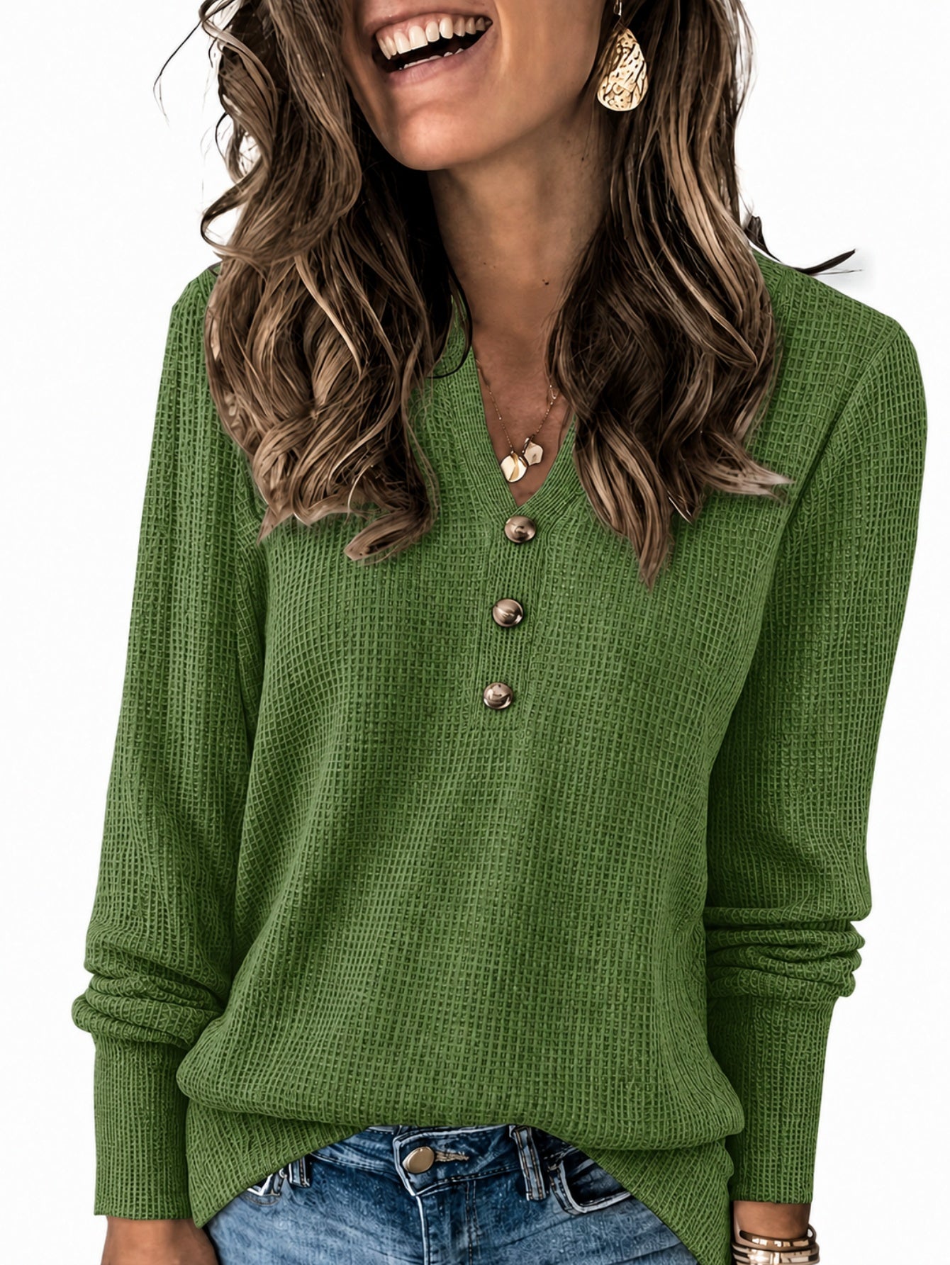 Chemise à gaufrettes à manches longues à col en V