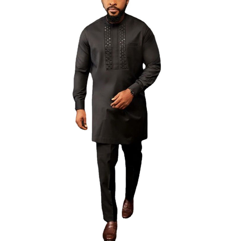 Chemise en Strass et Pantalons de couleur solide pour homme de style ethnique africain