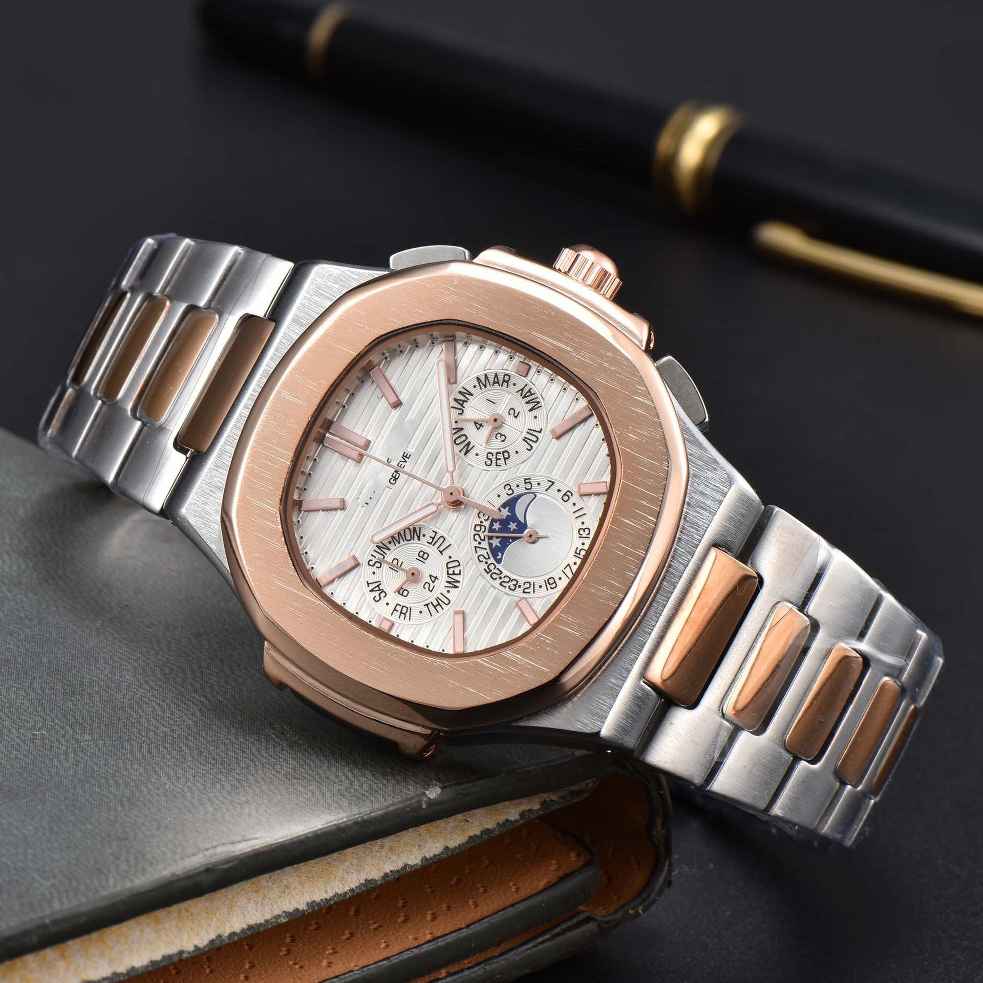 Fashionable Six-Pong Steel-Strap Business-Style Nautilus Mens Watch