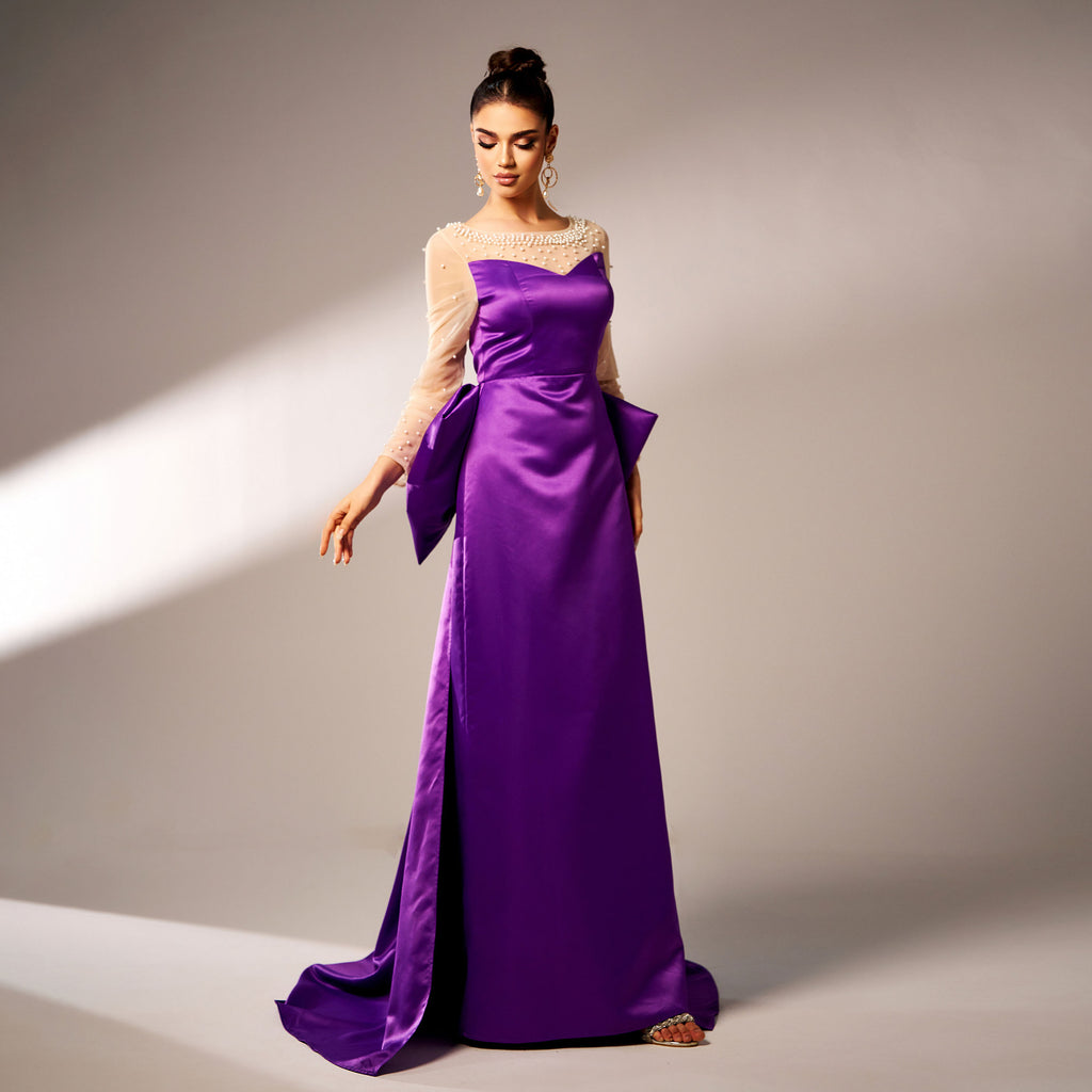 Long Sleeves Round Neck Beaded Party Dress with Large Bow