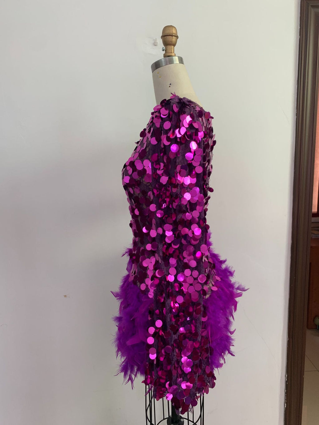Jupe pourpre à plumes pailletées à une épaule Manche courte Robe de luxe Party Stage Performan