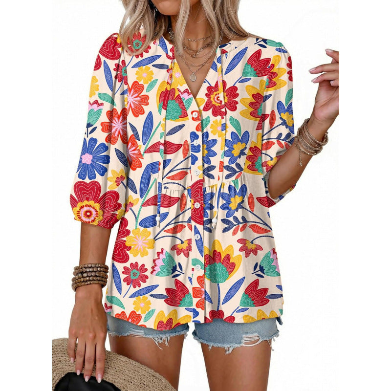 Bohemian Floral Manches courtes Bouton-up col V Ruffled Doll style Casual Loose-fit Blouse