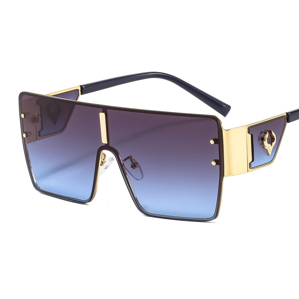 Lunettes de soleil européennes et américaines surdimensionnées en métal d'une pièce avec embellissement à tête d'oxygèneVinta