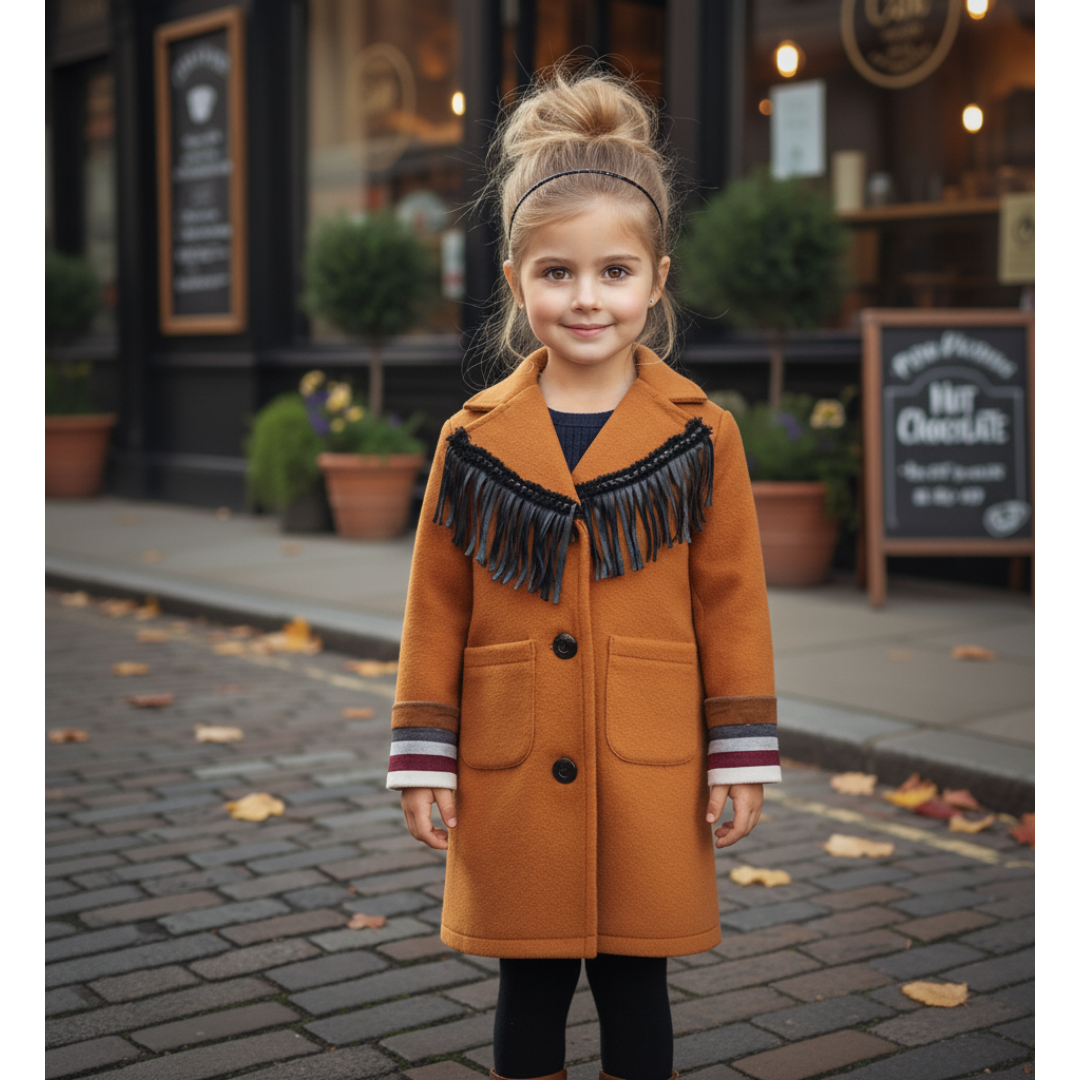 Filles Woolen Long Coat 3-12y Crème Orange Vintage Coat Style mignon