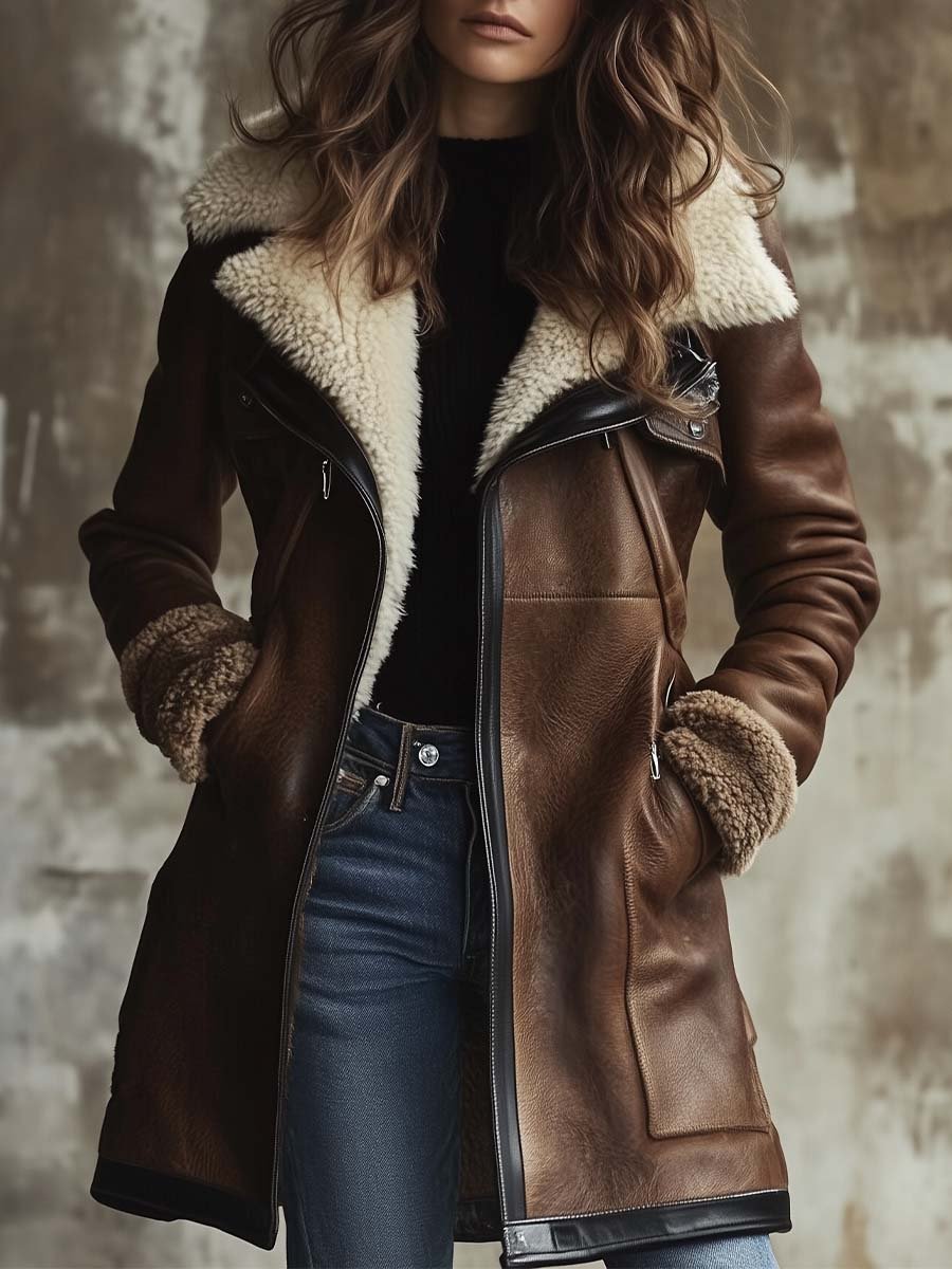 Manteau en cuir de contre-plaqué vintage pour femmes