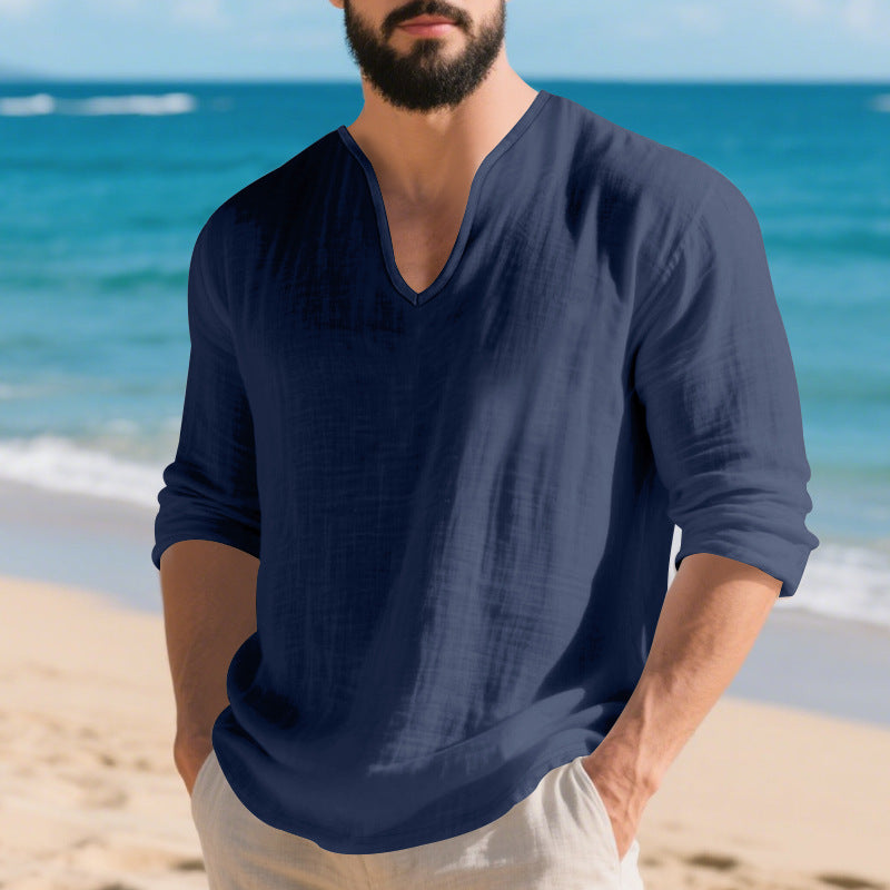 Chemise en V à manches longues en lin casual pour hommes