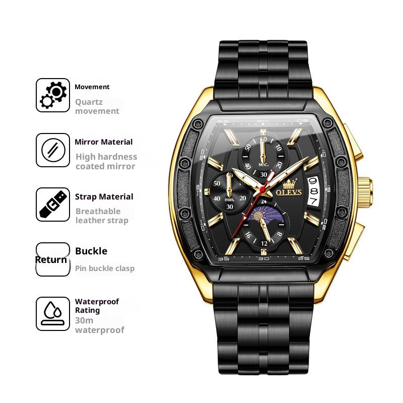 Ceinture en acier Tonneau Quartz Montres Lumineuses Hommes