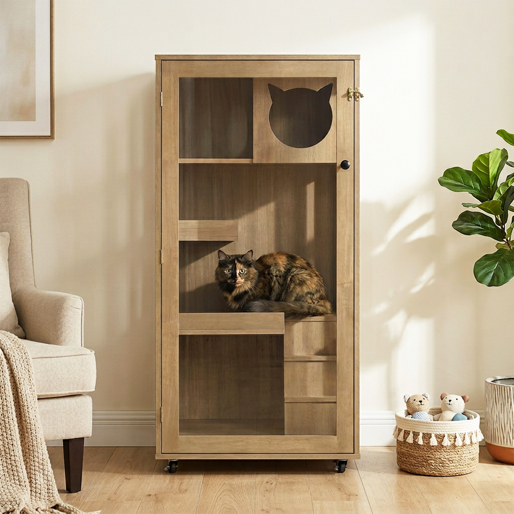 Armoire de chat en bois de caoutchouc Basia avec roues