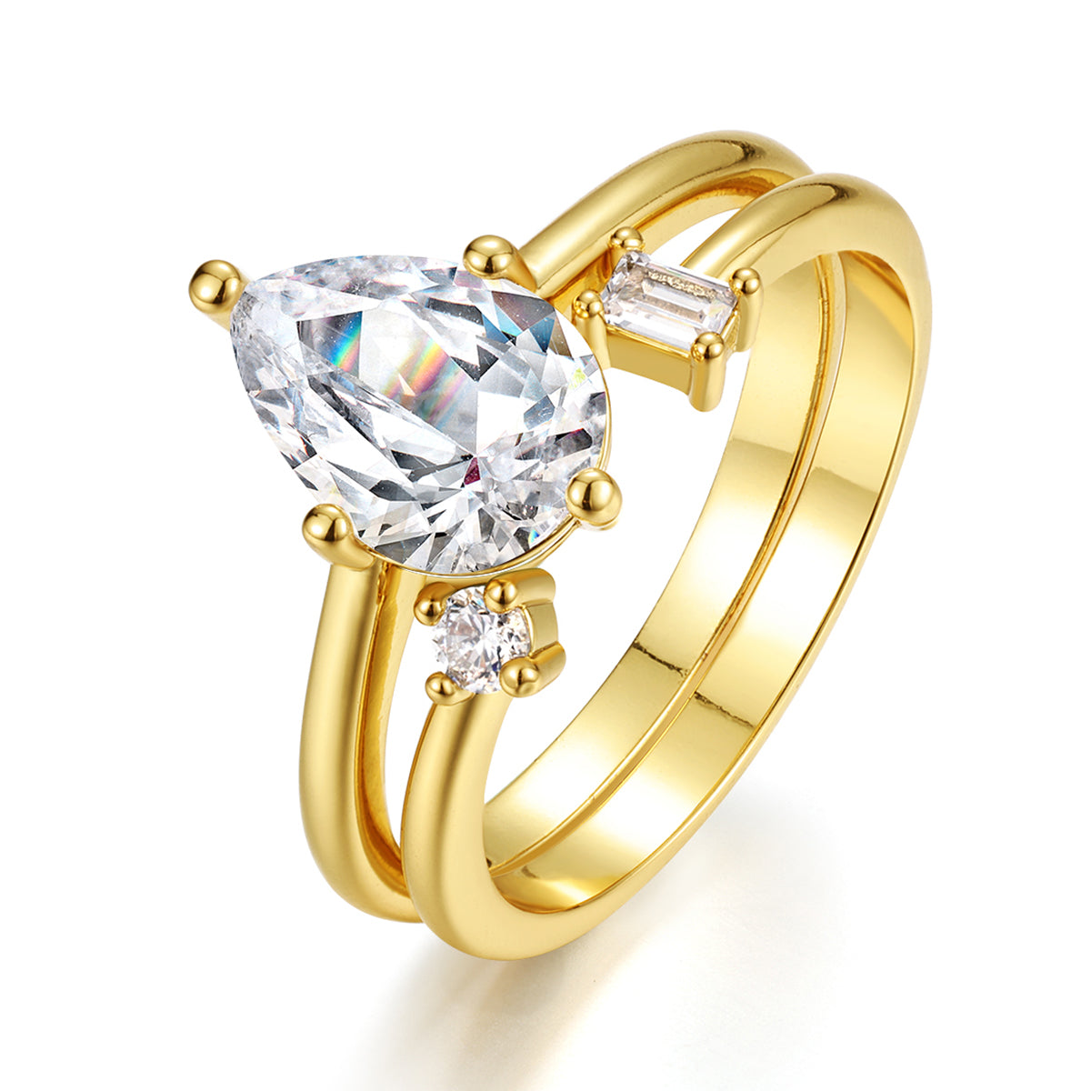 S925 Argent plaqué or 7x10mm Poire Moissanite Bague Set Open Band D Couleur VVS1 US Taille 6-9