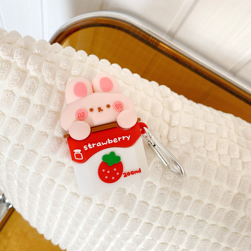 Coffret d'écouteur sans fil de lait de fraise mignon Silicone