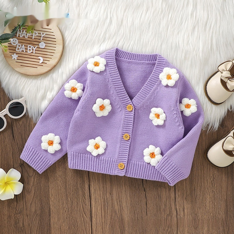 Enfants Mignon Handmade 3D Flower Knitted Cardigan