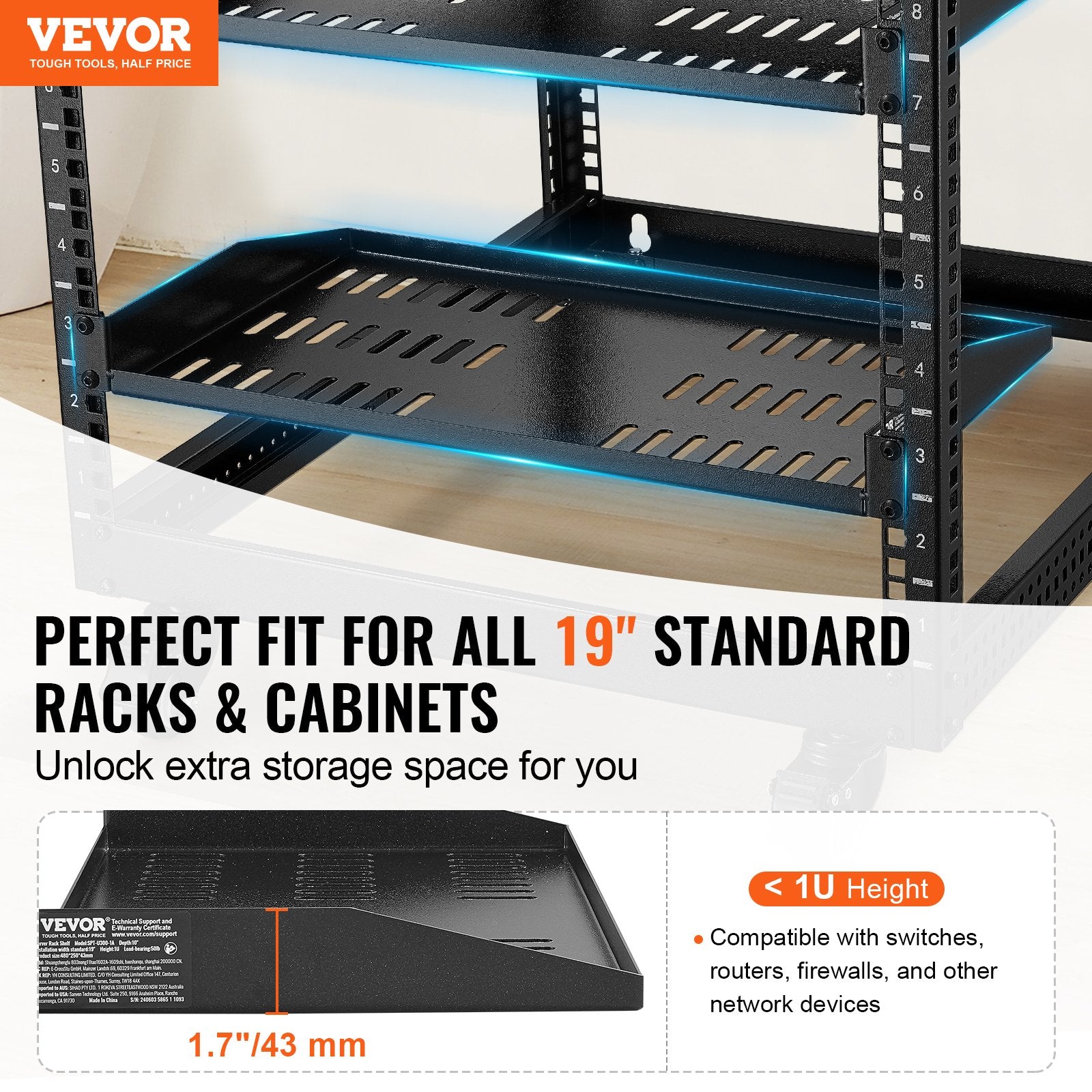 VEVOR 2PCS 1U Serveur Plateau Profondeur Éventé Plateau de support de rack