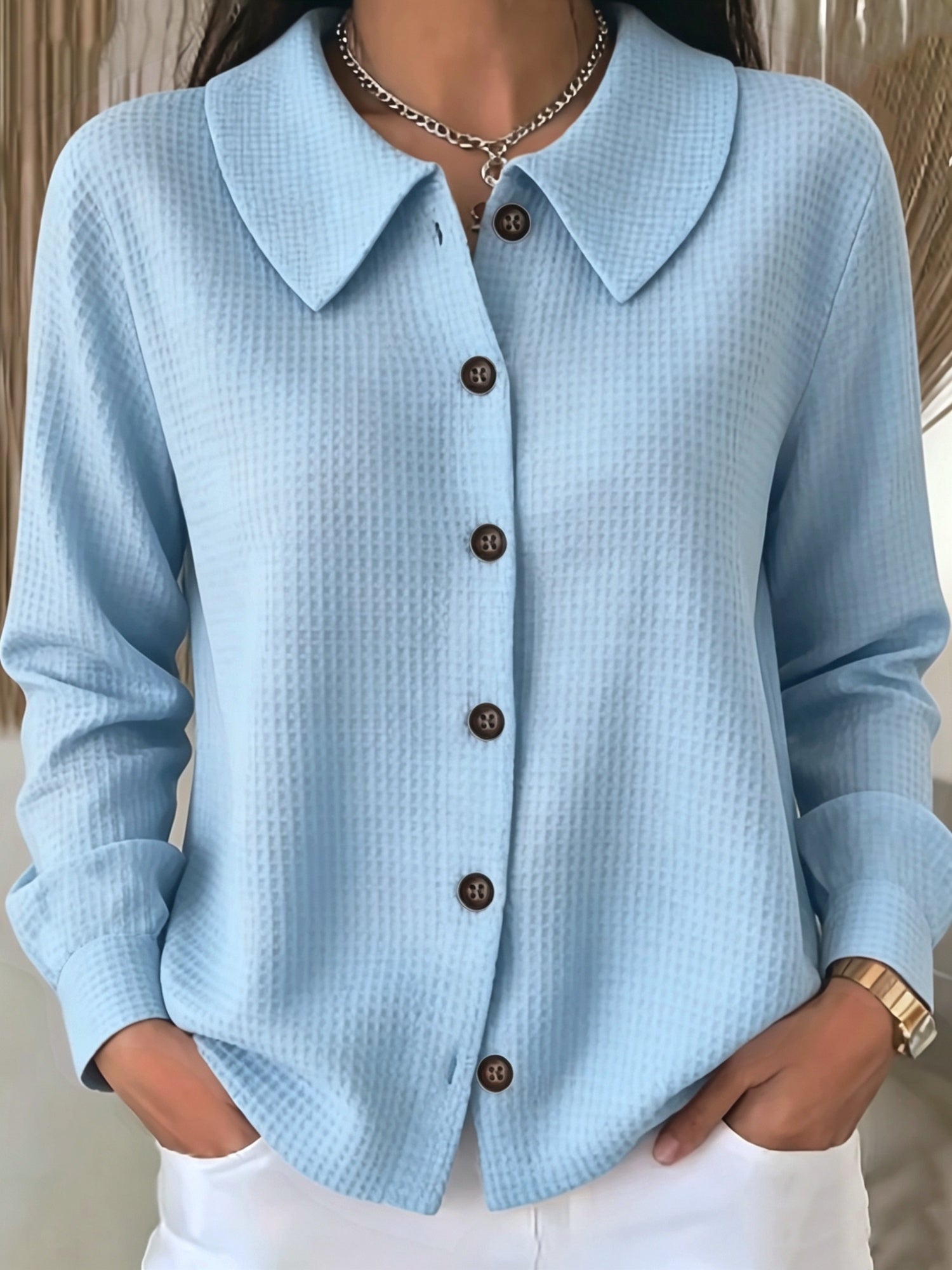 Fashion Round-neck Waffle Plain-color Casual Shirt