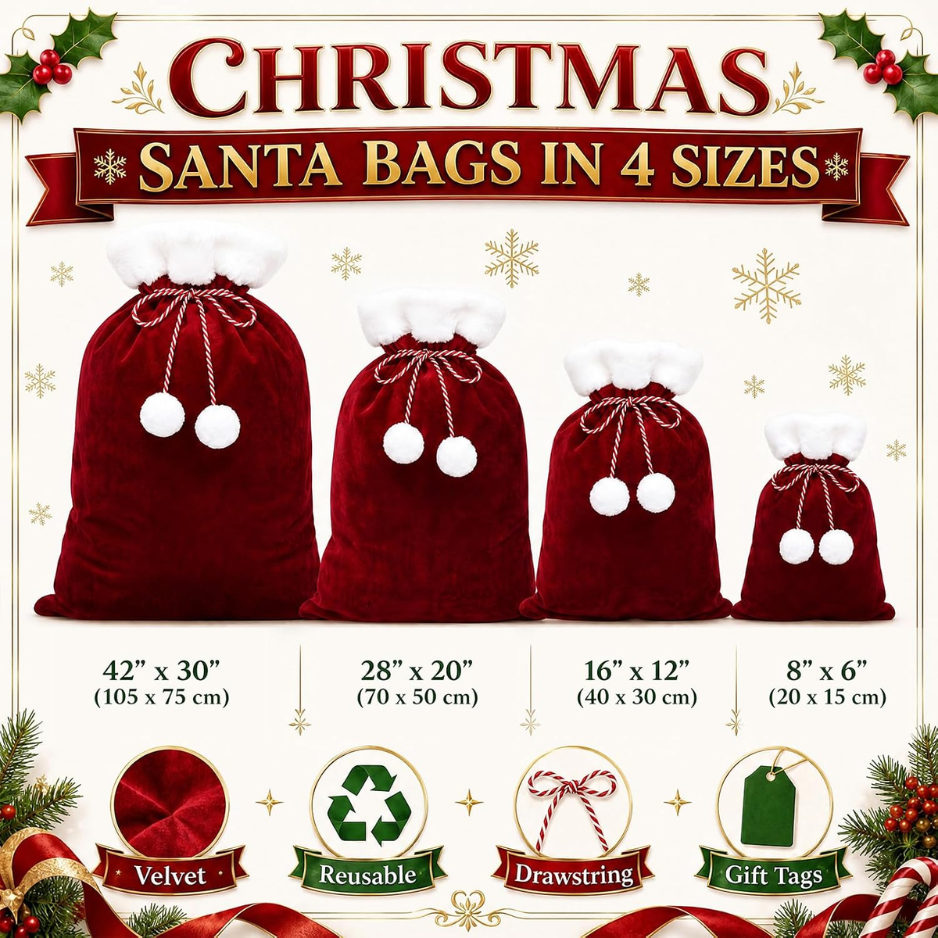 4 Pcs de Noël Grands Sacs Cadeaux Santa Sacs à Velours Drawstring