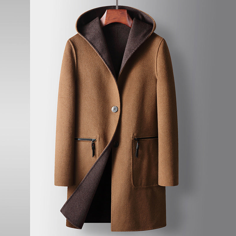 Manteau de laine mi-longueur homme avec un style réversible à la hotte