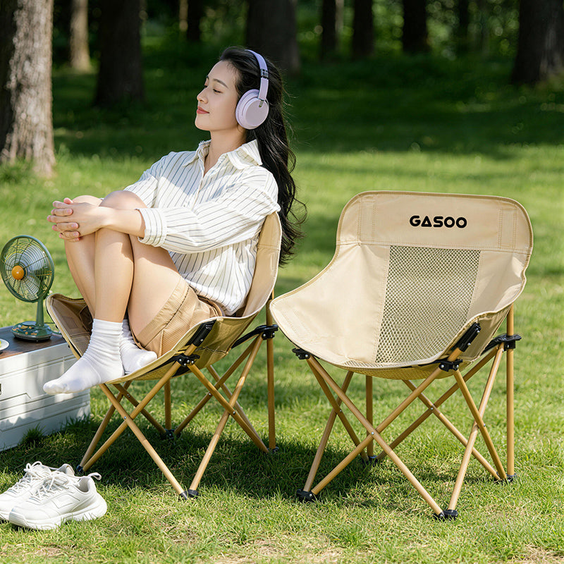 Low Back Mesh Moon Folding Camping Chair, Breathable Ventilated Net Backrest Portable Folding Lawn Chair With Side Pocket & Carry Bag, Heavy Duty Anti